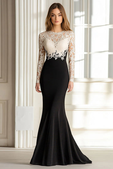 Noir Blanc Sirène Dentelle Top Manches Longues Scoop Satin Longue Mère de la Mariée Robe